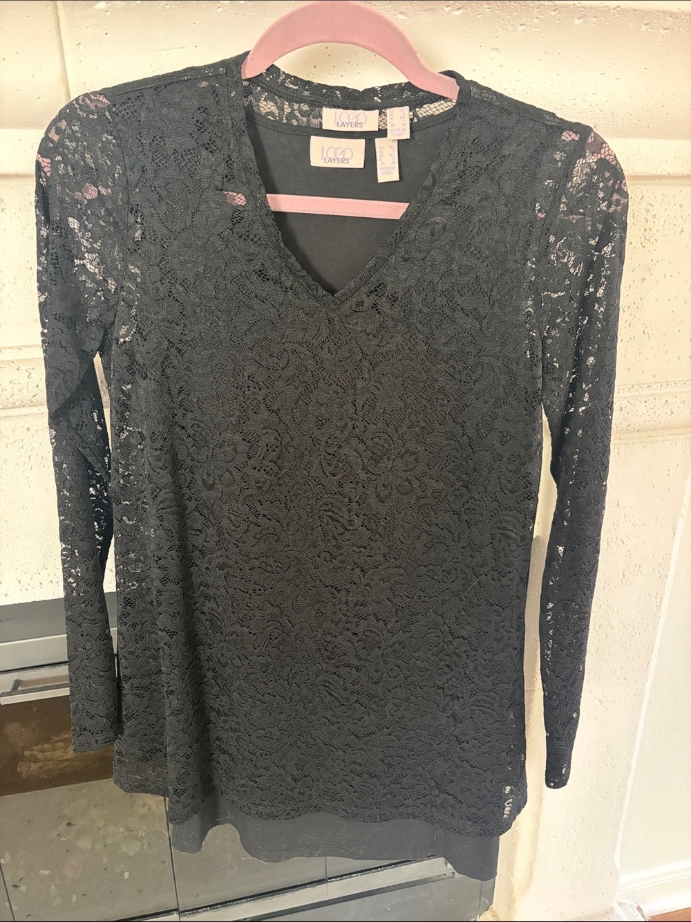 Logo Layers Lace Layer Long-Sleeve V-Neck Top - Black
